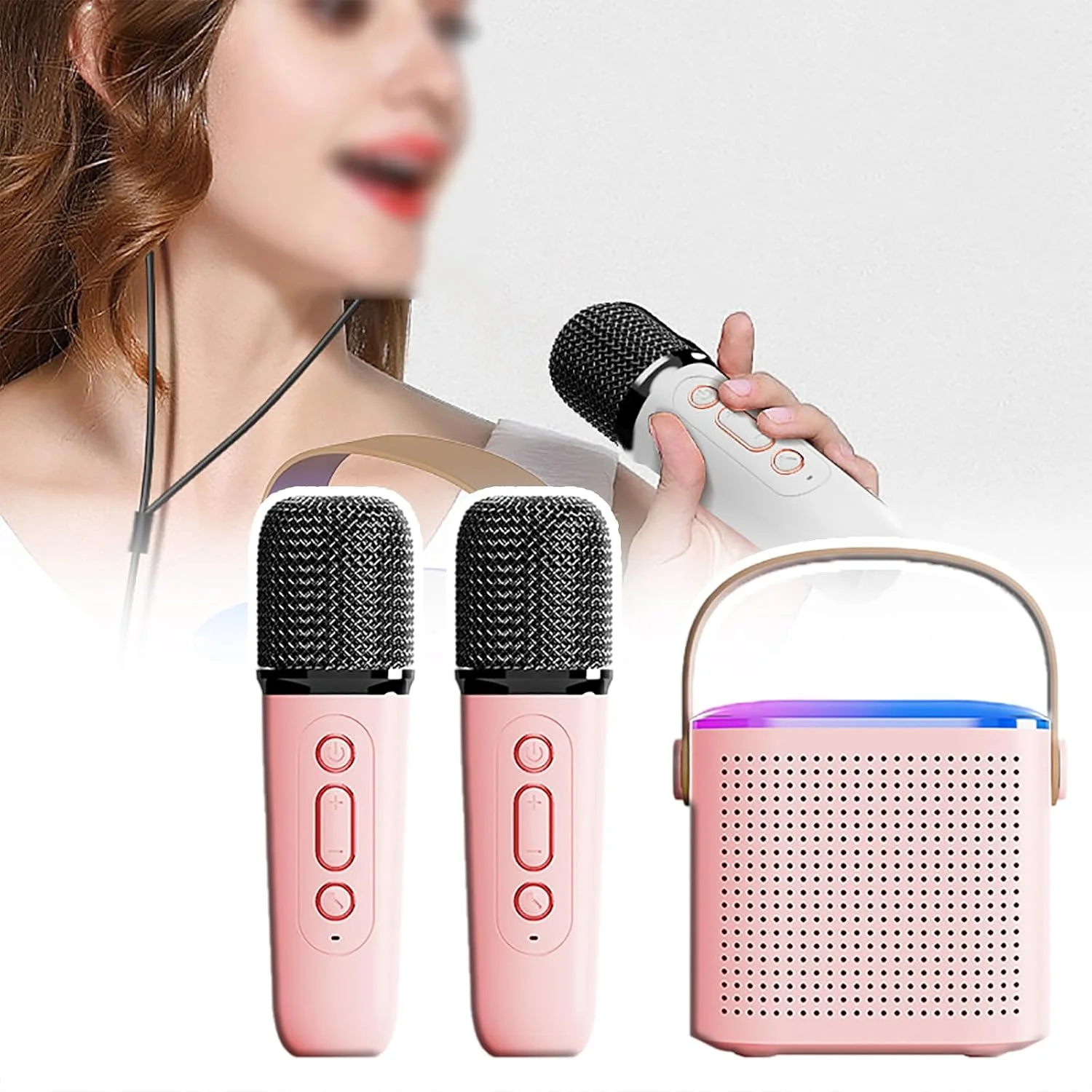 دستگاه کارائوکه قابل حمل، استریو دوگانه، 5 نوع نورپردازی رنگارنگ، پشتیبانی از تنظیمات همراهی، صورتی