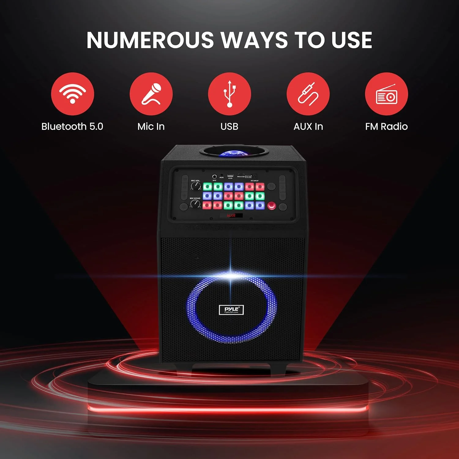 سیستم بلندگوی کارائوکه قابل حمل Pyle - بلندگوی 8 اینچی قابل شارژ 600 واتی BT، TWS، چراغ های مهمانی، صفحه نمایش LED، FM/AUX/MP3/USB/SD، چرخ - میکروفون بی سیم، کنترل از راه دور، نگهدارنده تبلت شامل - PHP18DJT