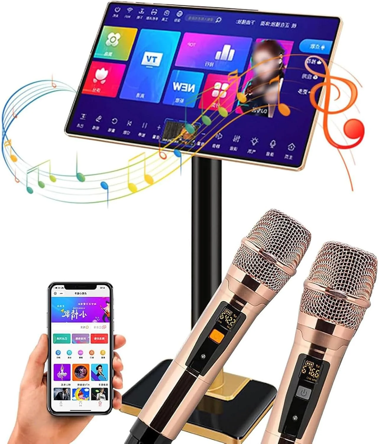 دستگاه کارائوکه حرفه ای، دستگاه کارائوکه با صفحه نمایش لمسی 21.5 اینچی با میکروفون بی سیم، کنترل برنامه و آمپلی فایر، پشتیبانی از چندین زبان