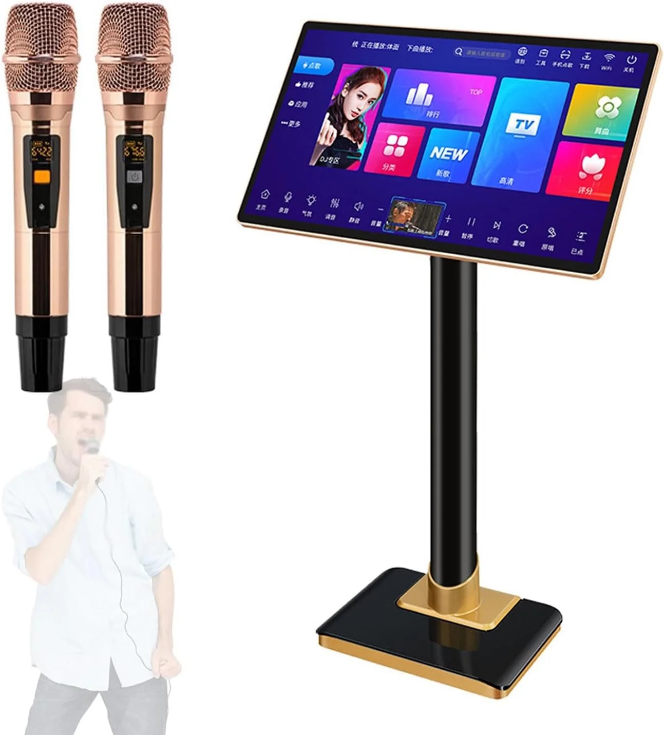 دستگاه کارائوکه حرفه ای، سیستم صوتی کارائوکه 8T با میکروفون و بلندگوی بی سیم، صفحه نمایش لمسی 21.5 اینچی، کنترل برنامه تلفن همراه، عملکرد تقویت کننده قدرت برای خانه، بار 2T 19 اینچ