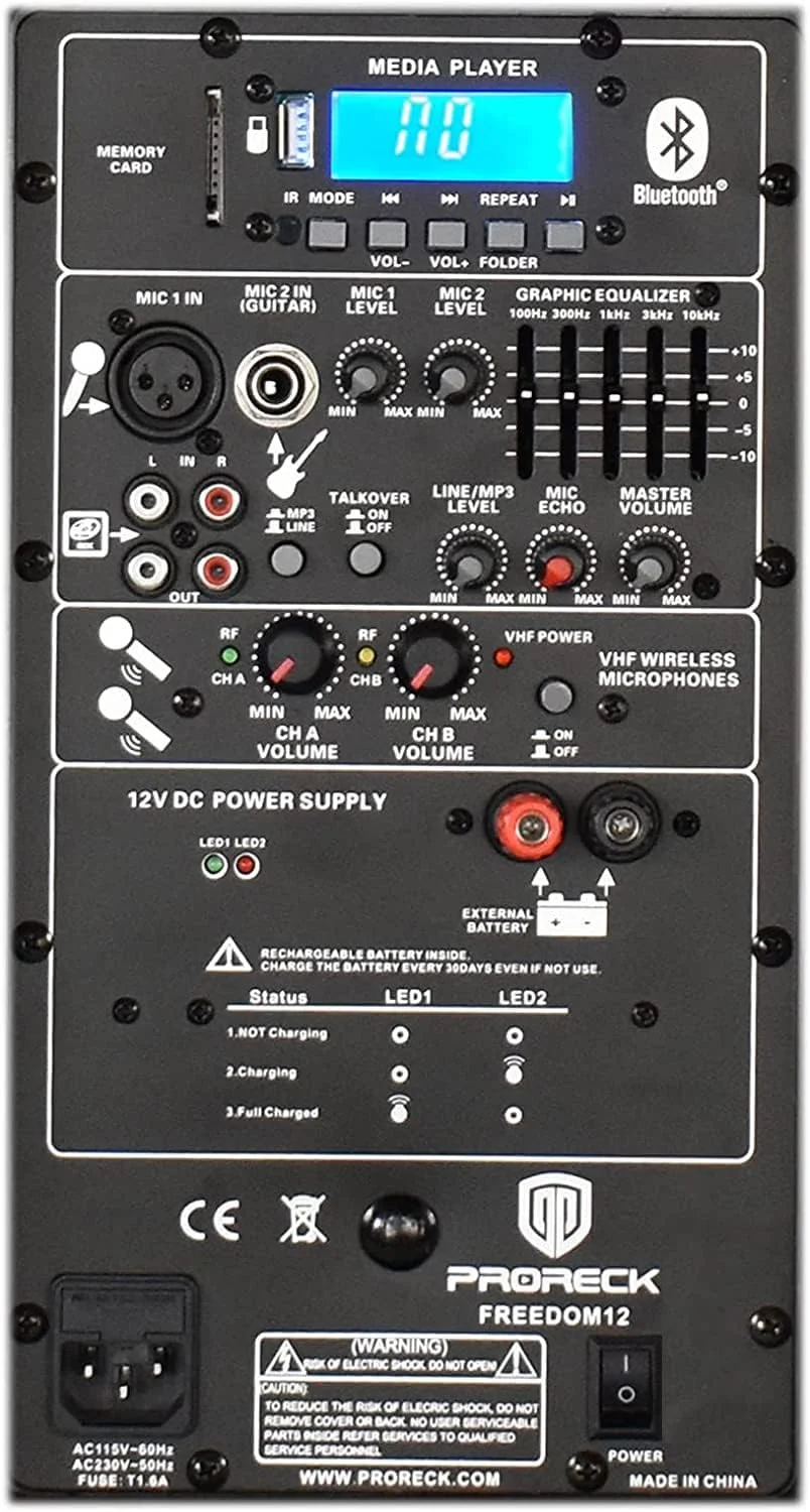 اسپیکر قابل حمل بی سیم 12 اینچی 500 واتی PRORECK Freedom 12 DJ/PA سیستم کارائوکه به همراه پایه اسپیکر بلوتوث/US