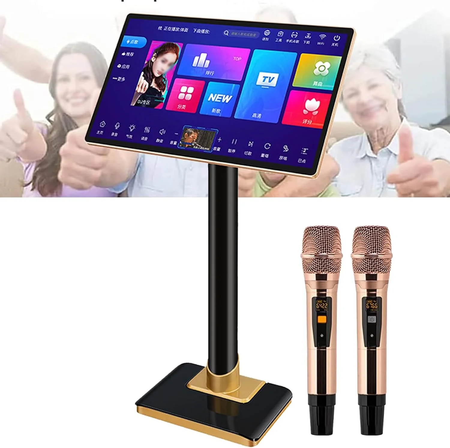 دستگاه کارائوکه حرفه ای (21.5 اینچ)، دستگاه کارائوکه صفحه نمایش، 2 × میکروفون بی سیم، عملکرد تقویت کننده قدرت + کنترل برنامه، برای خانه، بار، پشتیبانی از زبان های مختلف، A