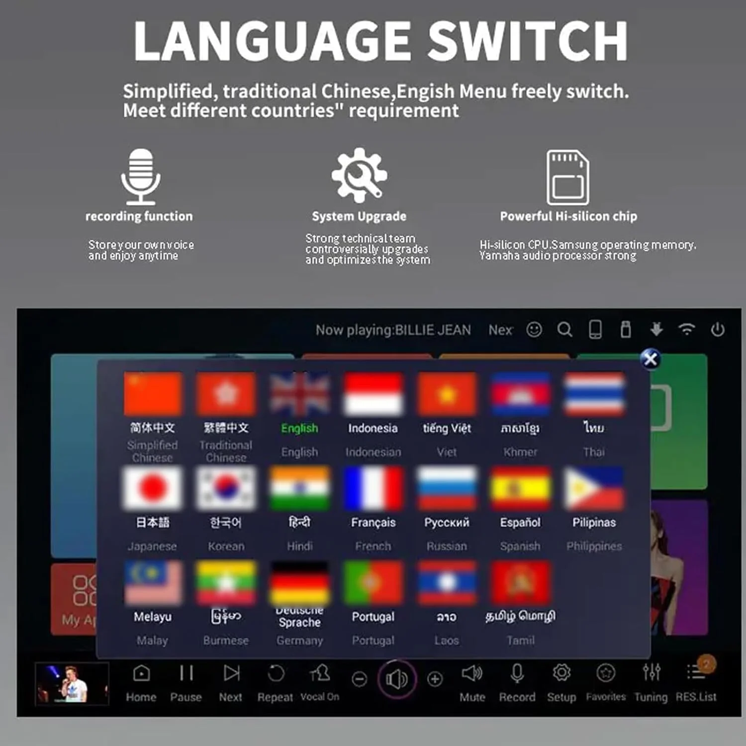 دستگاه کارائوکه حرفه ای (21.5 اینچ)، دستگاه کارائوکه صفحه نمایش، 2 × میکروفون بی سیم، عملکرد تقویت کننده قدرت + کنترل برنامه، برای خانه، بار، پشتیبانی از زبان های مختلف، A