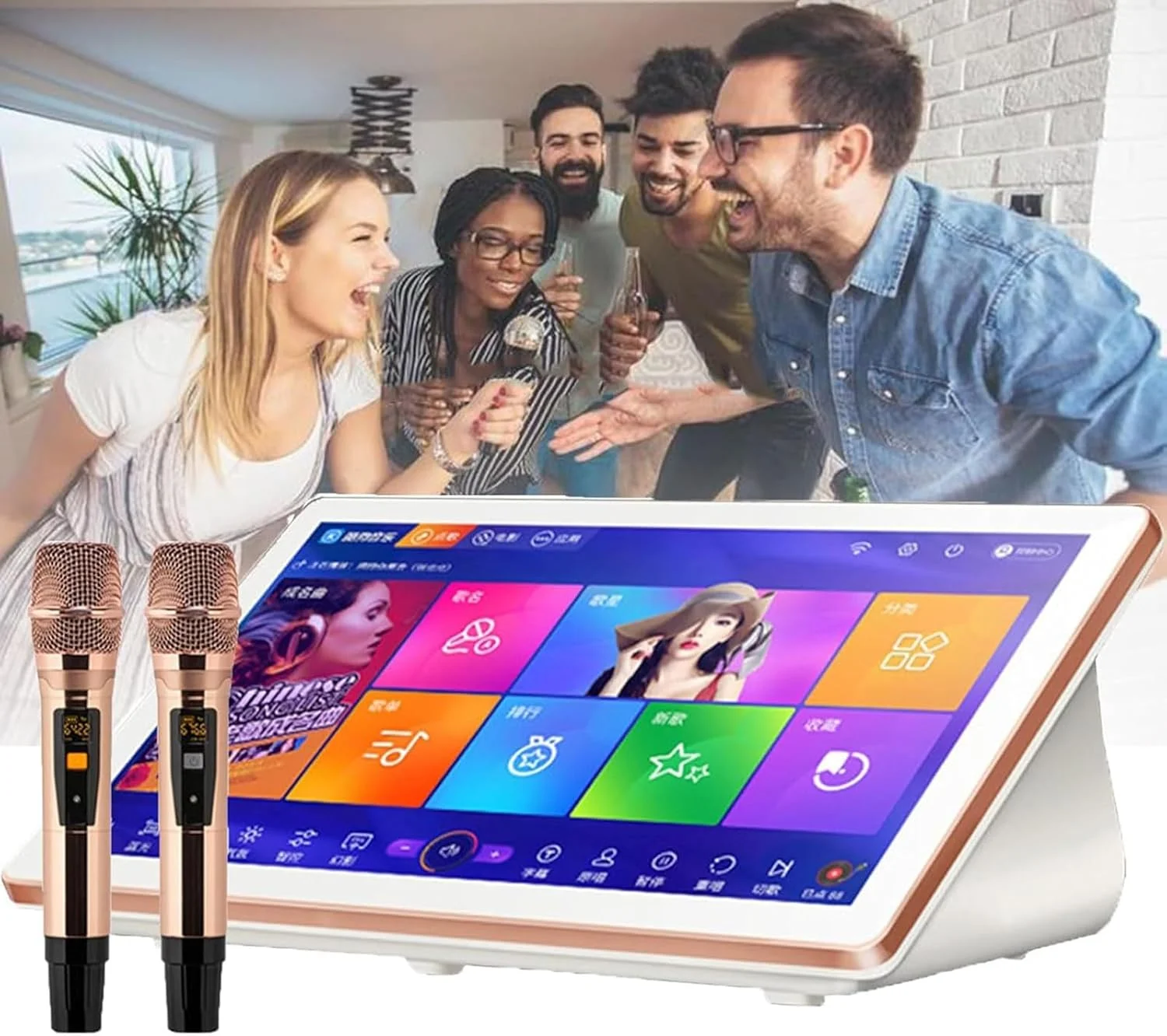دستگاه کارائوکه حرفه ای با صفحه لمسی خازنی 18.5 اینچی، سیستم کارائوکه با میکروفون بی سیم، کنترل برنامه تلفن، 27 زبان، مناسب مهمانی خانگی، بار (سفید، 500G)