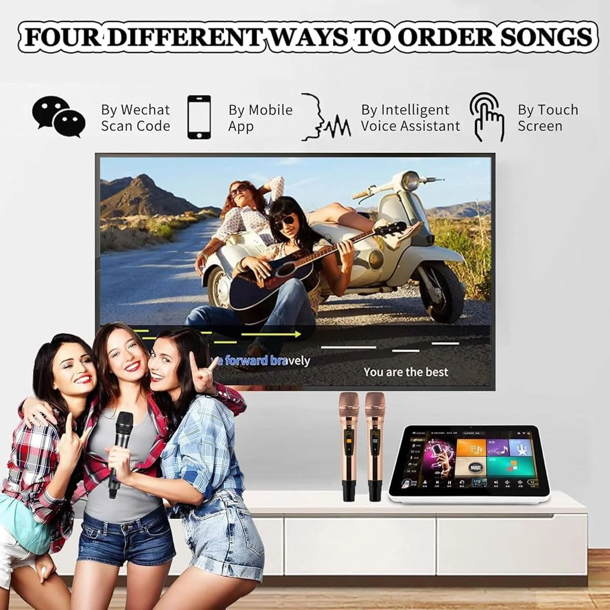 دستگاه کارائوکه حرفه ای با صفحه لمسی خازنی 18.5 اینچی، سیستم کارائوکه با میکروفون بی سیم، کنترل برنامه تلفن، 27 زبان، مناسب مهمانی خانگی، بار (سفید، 500G)