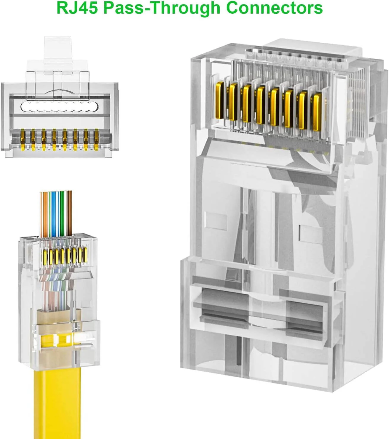 اتصالات عبوری RJ45 تارا (بسته 10 عددی) اتصالات Cat6 RJ45، برای کابل اترنت، سرهای Cat6/Cat5 8P8C ماژولار، پلاگین شبکه UTP، شبکه LAN با روکش طلا | RJ45 عبوری