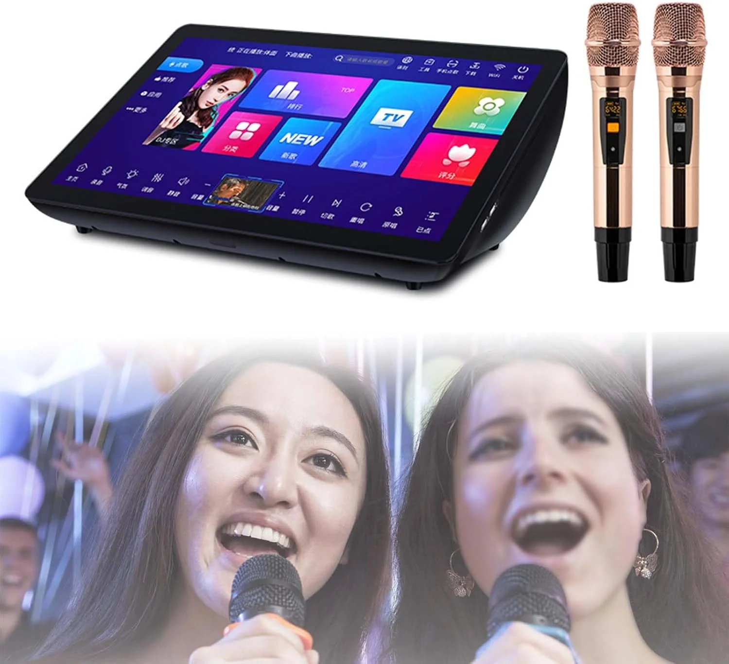 دستگاه کارائوکه صفحه لمسی 19.5 اینچی با میکروفون های بی سیم، کنترل برنامه، پخش آنلاین/آفلاین، عملکرد تقویت کننده، 20+ زبان، برای مهمانی خانگی KTV، مشکی، 500 گرم