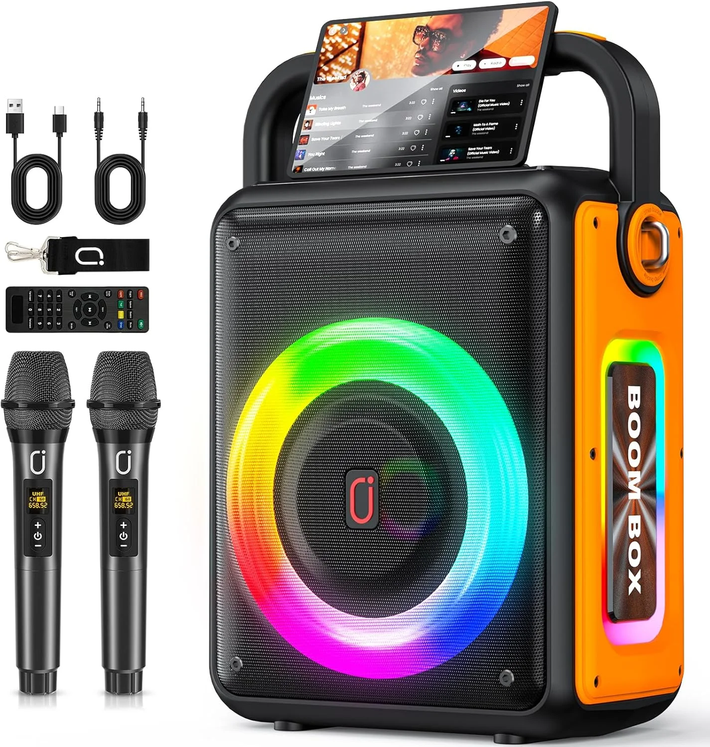 دستگاه کارائوکه برای بزرگسالان و کودکان، بلندگوی بلوتوث قابل حمل مناسب فضای باز با 2 میکروفون بی سیم، پشتیبانی از نورهای DJ، TWS، Bass/Treble برای مهمانی مدل S65