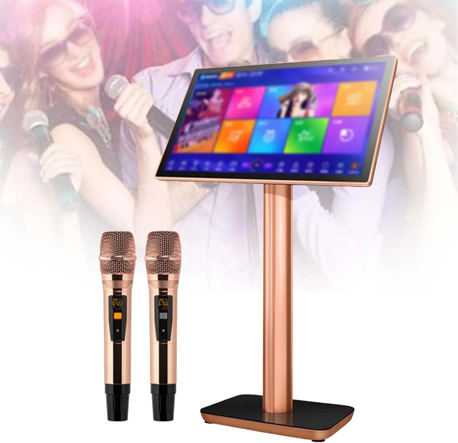 دستگاه کارائوکه 22 اینچی با صفحه لمسی، میکروفون بی سیم، کیفیت 4K HD، ریورب DSP داخلی، 27 زبان، برنامه ها و کنترل های لمسی، مناسب برای دورهمی های خانوادگی با کتابخانه آهنگ بزرگ، 1 ترابایت