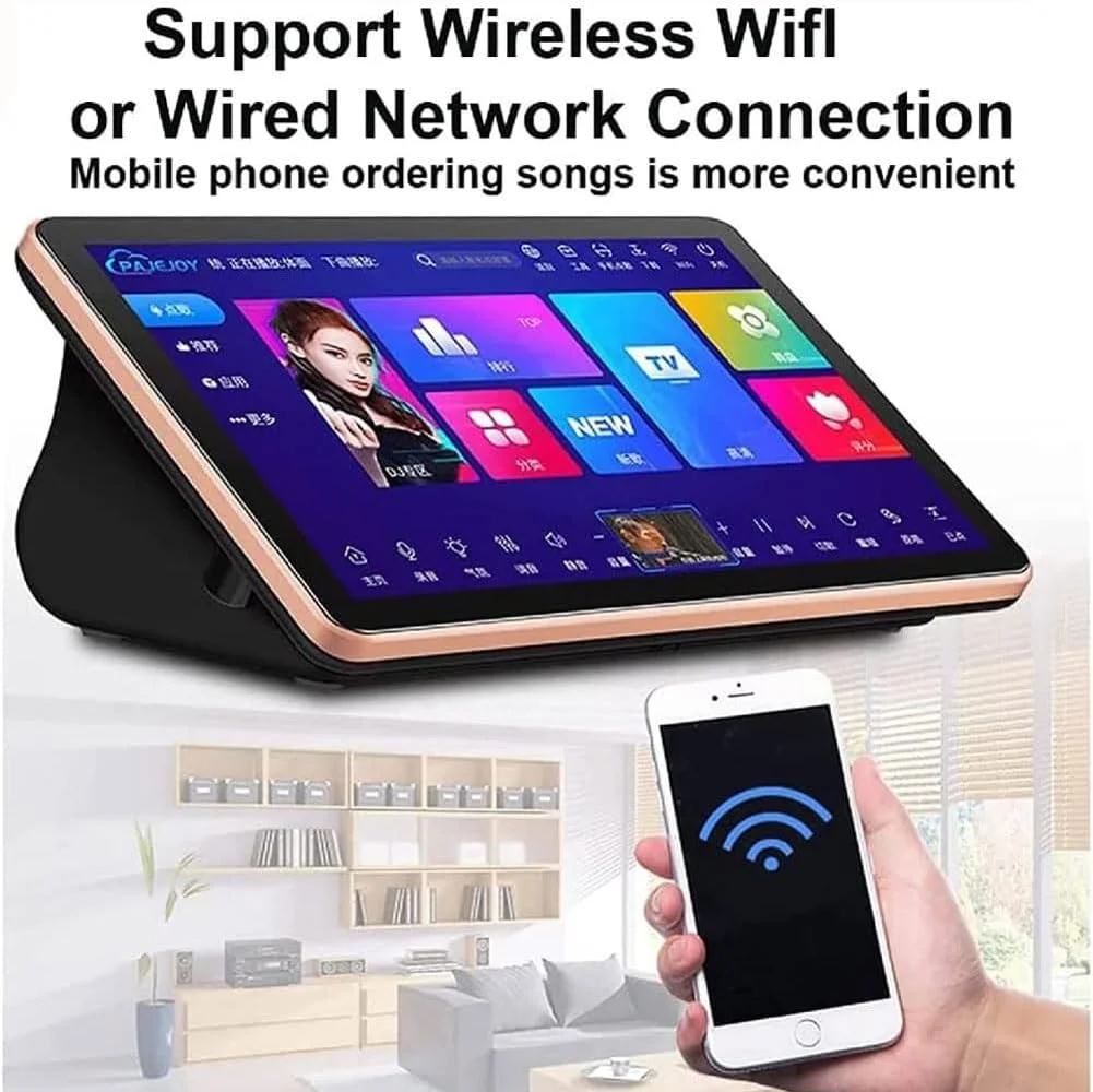 سیستم کارائوکه حرفه ای 18.5 اینچی، دستگاه کارائوکه صفحه لمسی خازنی 4 ترابایتی با میکروفون و بلندگوهای بی سیم، عملکرد تقویت کننده قدرت و کیفیت تصویر 4K، مناسب برای مهمانی های خانگی و بار (مشکی)