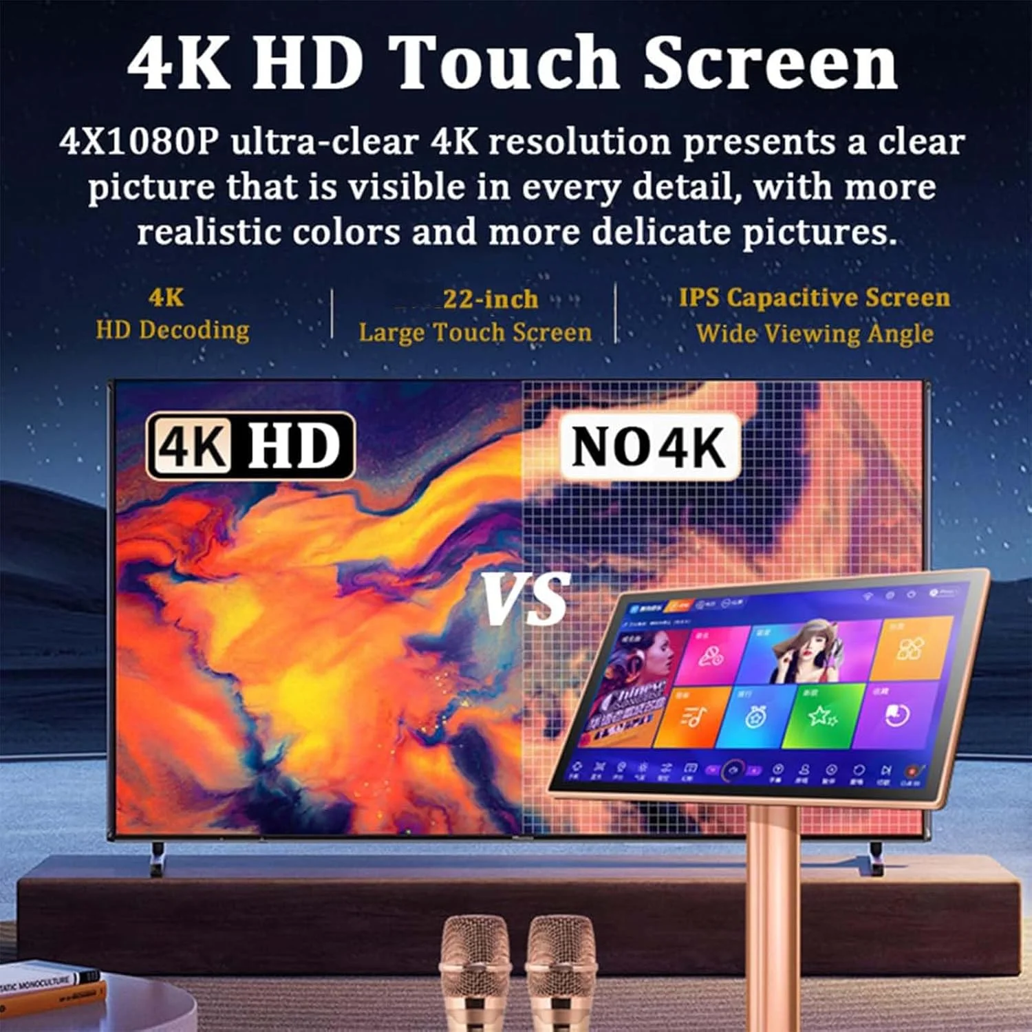 دستگاه کارائوکه 22 اینچی با صفحه لمسی، میکروفون بی سیم، کیفیت 4K HD، ریورب DSP داخلی، 27 زبان، برنامه ها و کنترل های لمسی، مناسب برای دورهمی های خانوادگی با کتابخانه آهنگ بزرگ، 1 ترابایت