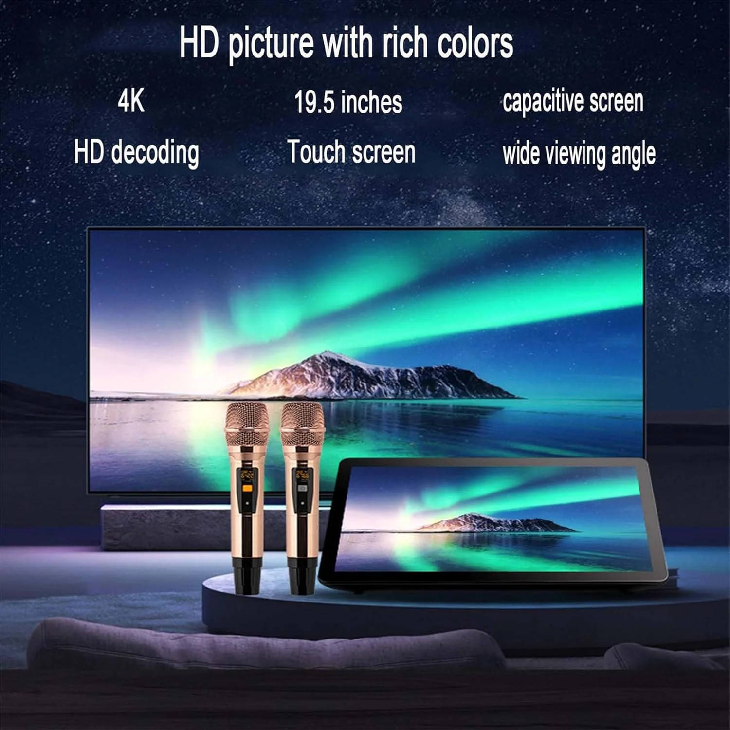 دستگاه کارائوکه قابل حمل با صفحه نمایش لمسی 19.5 اینچی، میکروفون های بی سیم، نمایشگر 4K HD، جلوه های صوتی DSP، بیش از 1 میلیون آهنگ ابری، 27 زبان، برای مهمانی های خانگی، 2 ترابایت