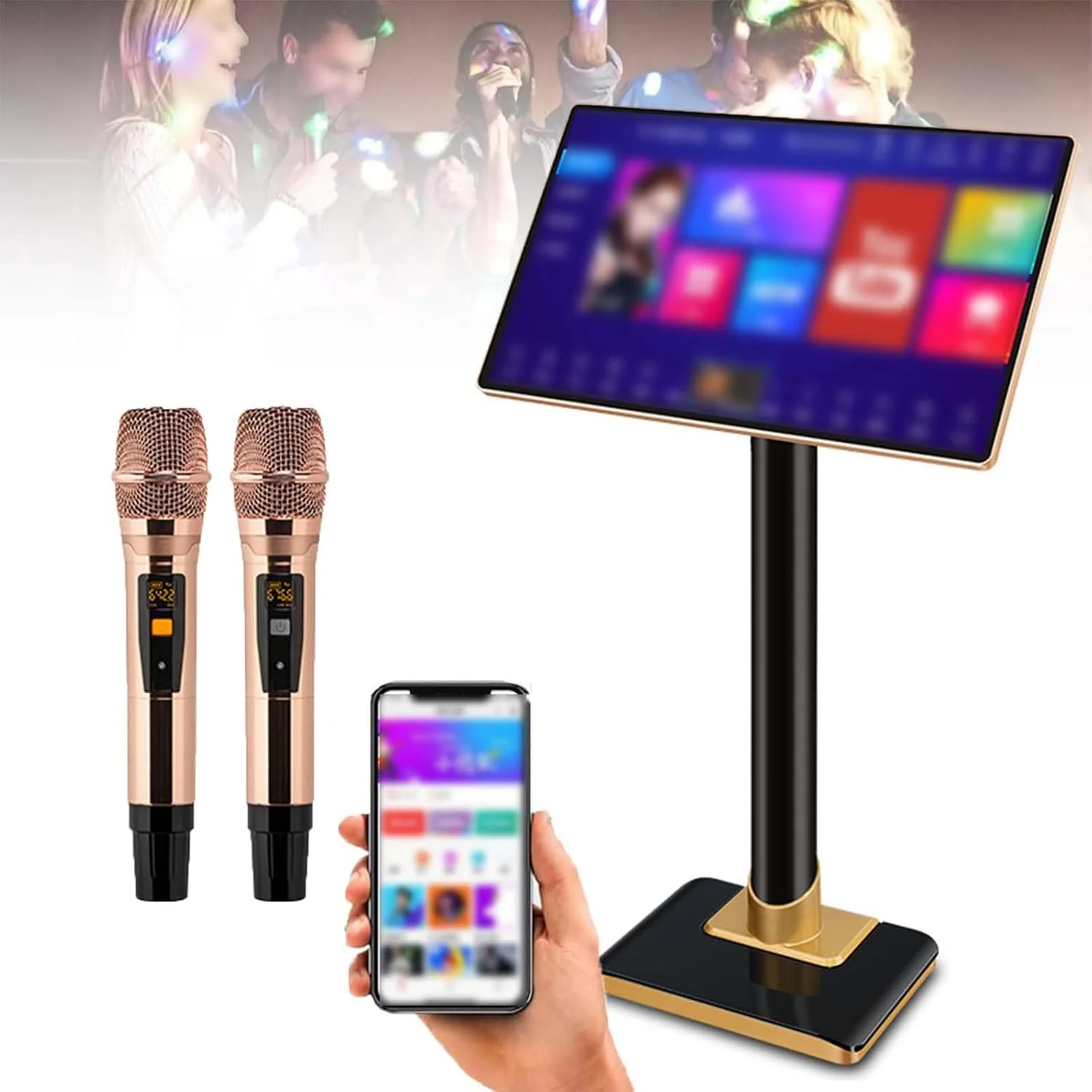 دستگاه کارائوکه صفحه لمسی 19 اینچی با 2 میکروفون بی سیم، بلندگوی داخلی، 20 زبان، بیش از یک میلیون آهنگ، کنترل برنامه، برای مهمانی ها، اتصال تلویزیون، 6 ترابایت