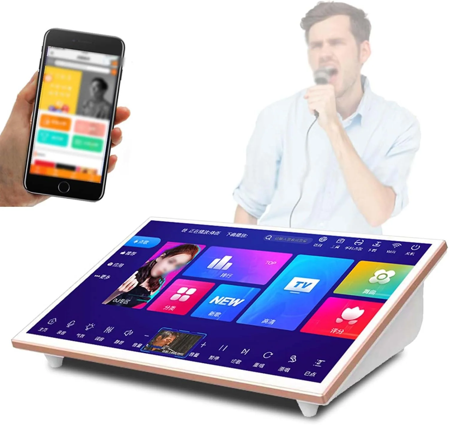 دستگاه کارائوکه هوشمند 19 اینچی همه کاره، عملکرد تقویت کننده، WiFi و برنامه ها، بیش از 20 زبان، مناسب برای دورهمی های خانگی، آواز خواندن، فیلم، بازی، 500G-8TB، 8T، سفید