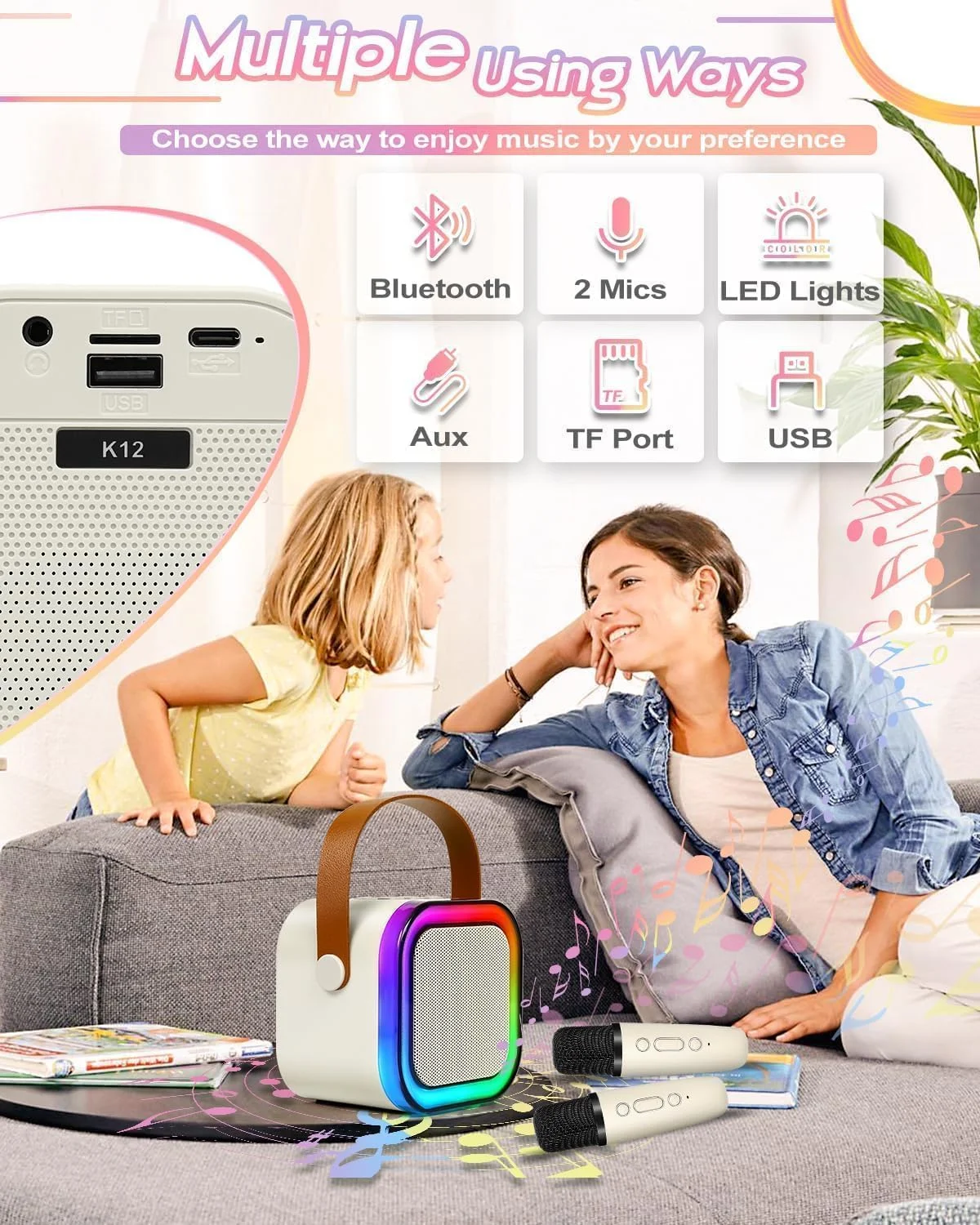 دستگاه کارائوکه قابل حمل DKH با 2 میکروفون بی سیم، چراغ های RGB، بلندگوی بلوتوث، تغییر صدا - رنگ ممکن است متفاوت باشد