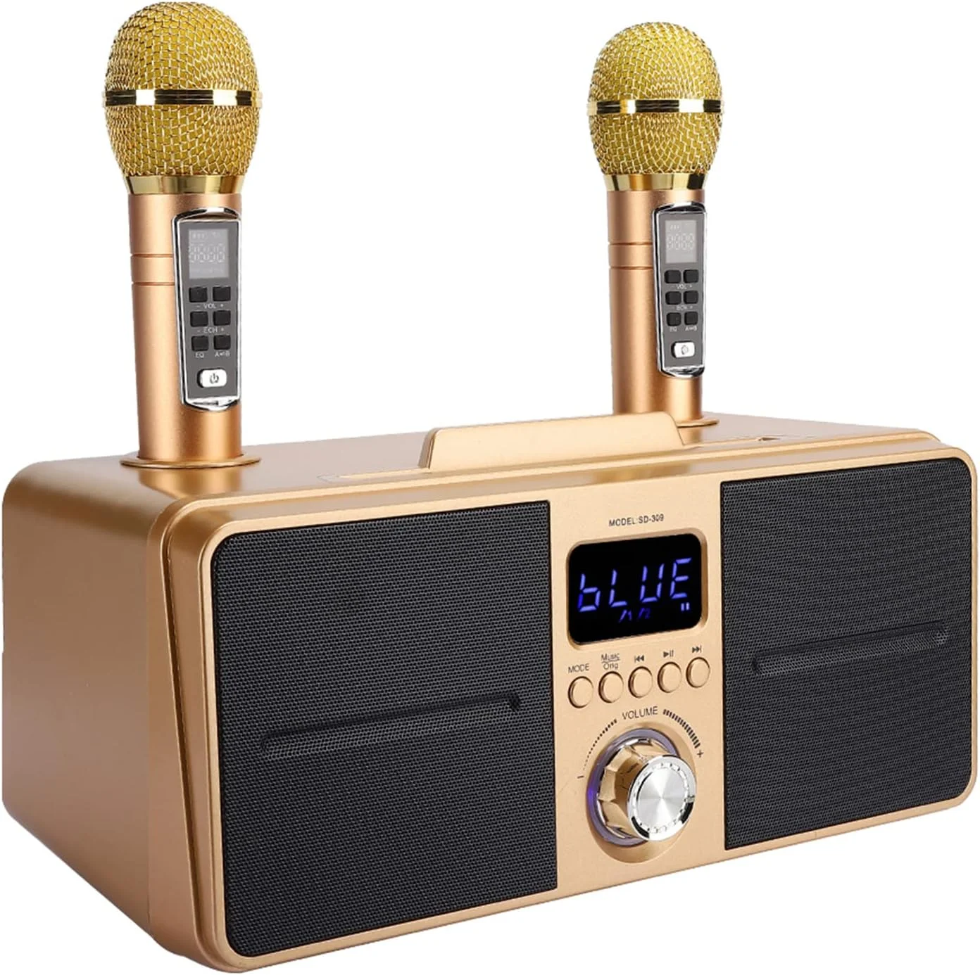 دستگاه کارائوکه قابل حمل با 2 میکروفون بی سیم، کیت KTV خانوادگی صدا، اتصال پایدار 4.2، بلندگوهای دوگانه، تجهیزات کارائوکه، (طلایی)