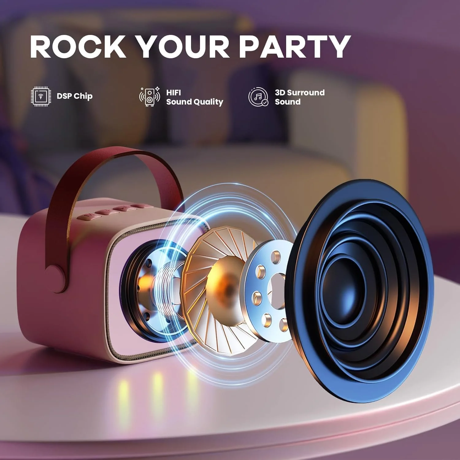 دستگاه کارائوکه قابل حمل با 2 میکروفون بی سیم، بلندگوی بلوتوث، چراغ های LED، 18 آهنگ از پیش بارگذاری شده، صورتی