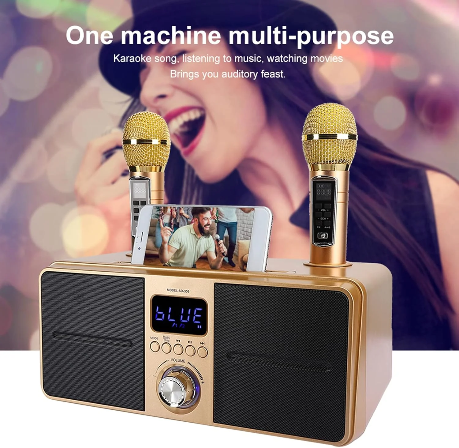 دستگاه کارائوکه قابل حمل با 2 میکروفون بی سیم، کیت KTV خانوادگی صدا، اتصال پایدار 4.2، بلندگوهای دوگانه، تجهیزات کارائوکه، (طلایی)