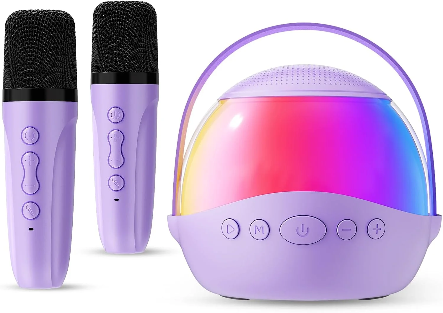 دستگاه کارائوکه کوچک هدیه برای کودکان و بزرگسالان، اسپیکر کارائوکه قابل حمل با 2 میکروفون بی سیم، میکروفون کودکانه با اسپیکر و چراغ LED، هدیه تولد برای دختران و پسران 3-12+ ساله (بنفش)