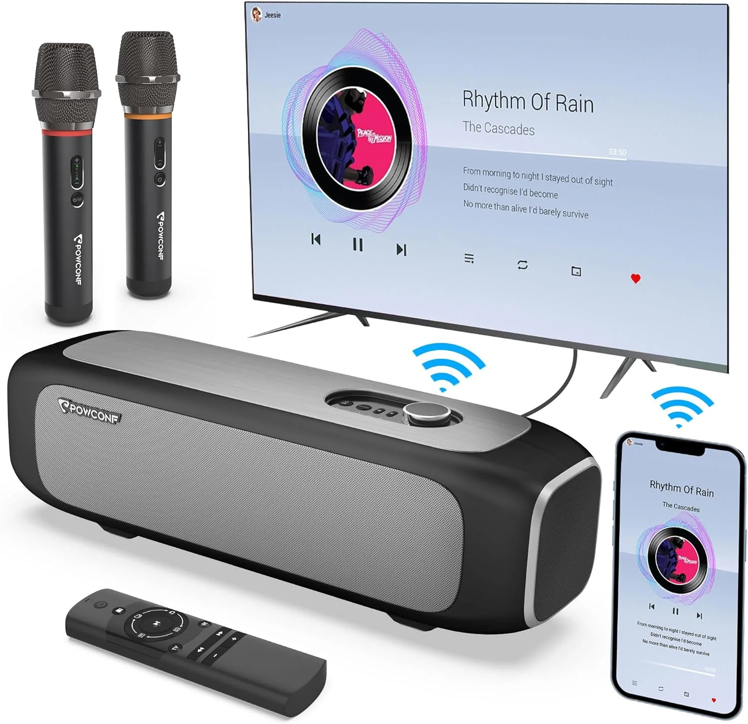 دستگاه کارائوکه با 2 میکروفون، ساب ووفر 2.1 کاناله، ساندبار سینمای خانگی برای تلویزیون هوشمند، بلوتوث/HDMI/ARC/TF-Card/WiFi، بلندگوی بلوتوث HiFi برای خانه، فضای داخلی، مهمانی