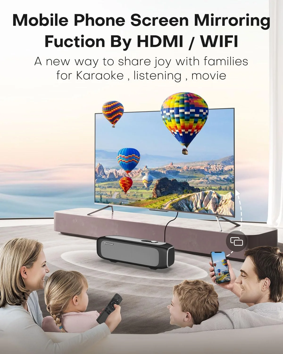 دستگاه کارائوکه با 2 میکروفون، ساب ووفر 2.1 کاناله، ساندبار سینمای خانگی برای تلویزیون هوشمند، بلوتوث/HDMI/ARC/TF-Card/WiFi، بلندگوی بلوتوث HiFi برای خانه، فضای داخلی، مهمانی