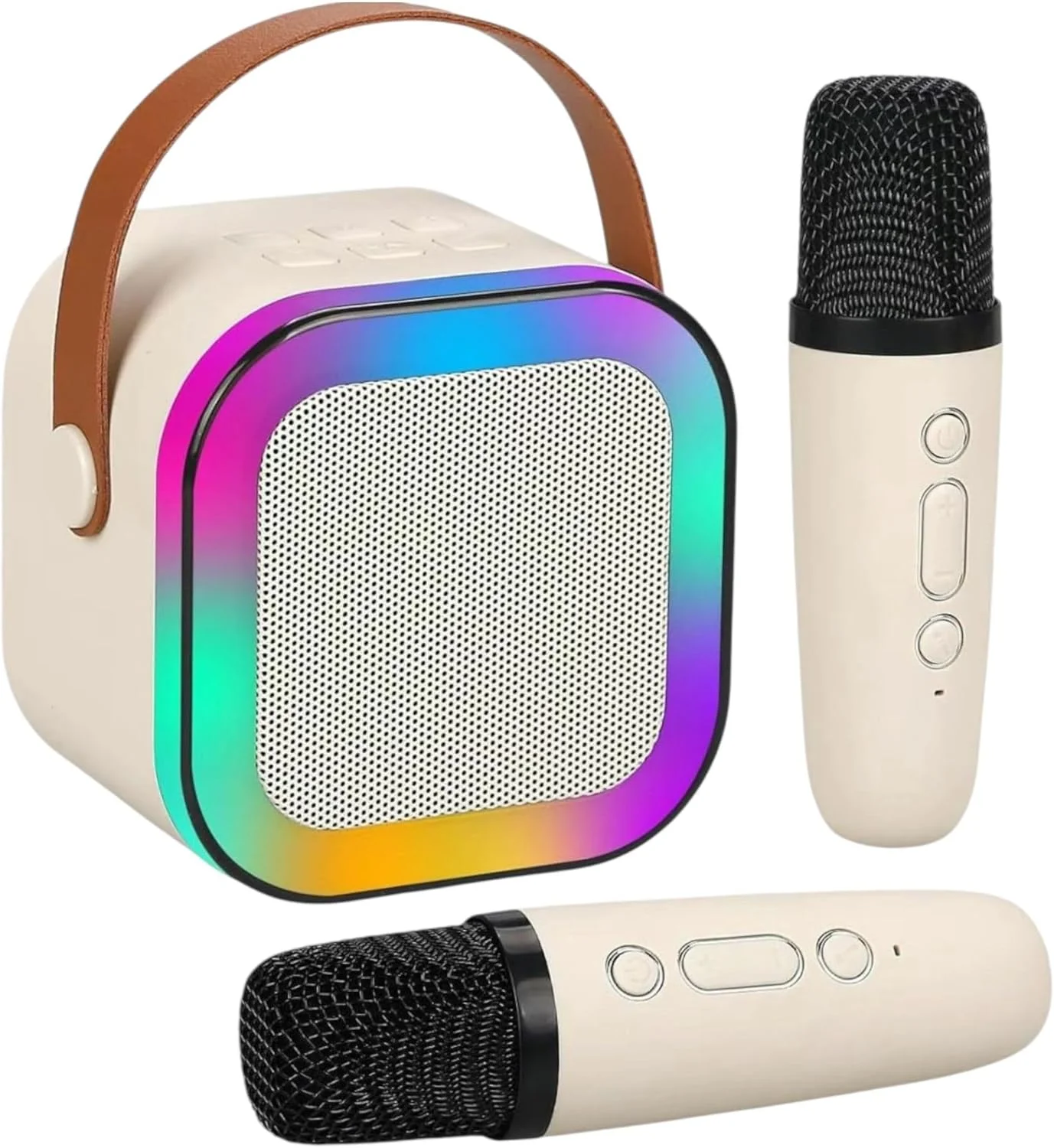 اسپیکر کارائوکه بی سیم قابل حمل، 2 میکروفون، صدای HiFi، چراغ های LED RGB، دستگاه کارائوکه برای فضای باز، داخلی، دکوراسیون منزل و لوازم جانبی اتاق کودکان (بژ)