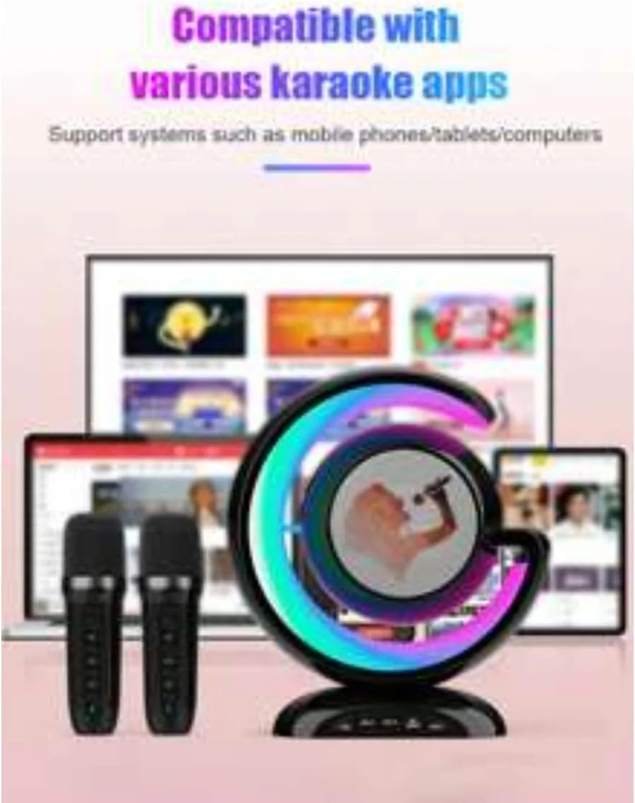 دستگاه کارائوکه قابل حمل با بلندگوهای بلوتوث بی‌سیم، میکروفون دوتایی، نورپردازی، جعبه موسیقی کوچک، بلندگوی بلوتوث با میکروفون و بلندگوی کارائوکه قابل حمل برای کودکان و مهمانی‌ها.