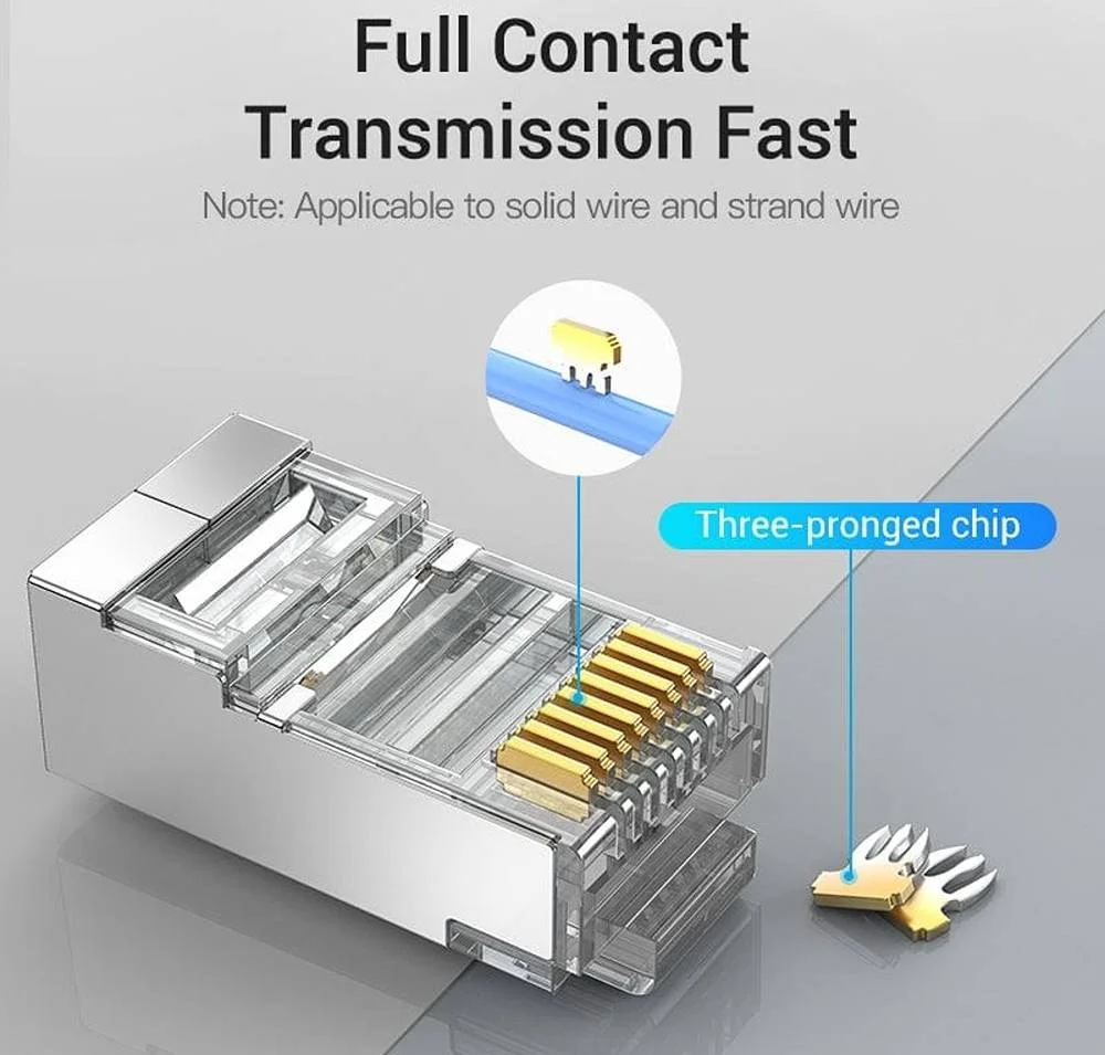 کانکتور مادگی RJ45 مدل Cat.5E FTP از Vention، بدنه فلزی با روکش نیکل، دارای 3 پین با روکش طلا، 100 عدد، نقره ای/شفاف | IDAR0-100 کانکتور مادگی RJ45 مدل Cat.5E FTP از Vention، بدنه فلزی با روکش نیکل، دارای 3 پین با روکش طلا، 100 عدد، نقره ای/شفاف | IDAR0-100