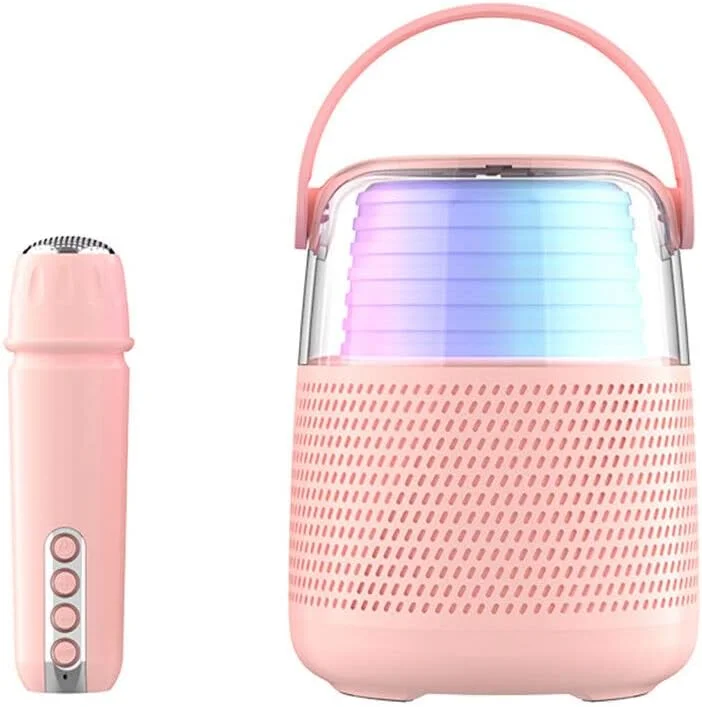 دستگاه کارائوکه قابل حمل برای بزرگسالان و کودکان، بلندگوی بلوتوث قدرتمند 16 واتی با میکروفون بی سیم، 11 نور رنگارنگ RGB و جلوه های تغییر صدا، مناسب برای مهمانی، کمپینگ و هدیه (صورتی)