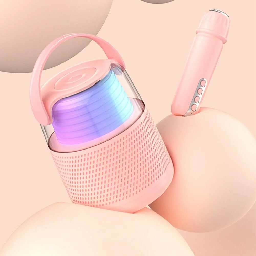 دستگاه کارائوکه قابل حمل برای بزرگسالان و کودکان، بلندگوی بلوتوث قدرتمند 16 واتی با میکروفون بی سیم، 11 نور رنگارنگ RGB و جلوه های تغییر صدا، مناسب برای مهمانی، کمپینگ و هدیه (صورتی)