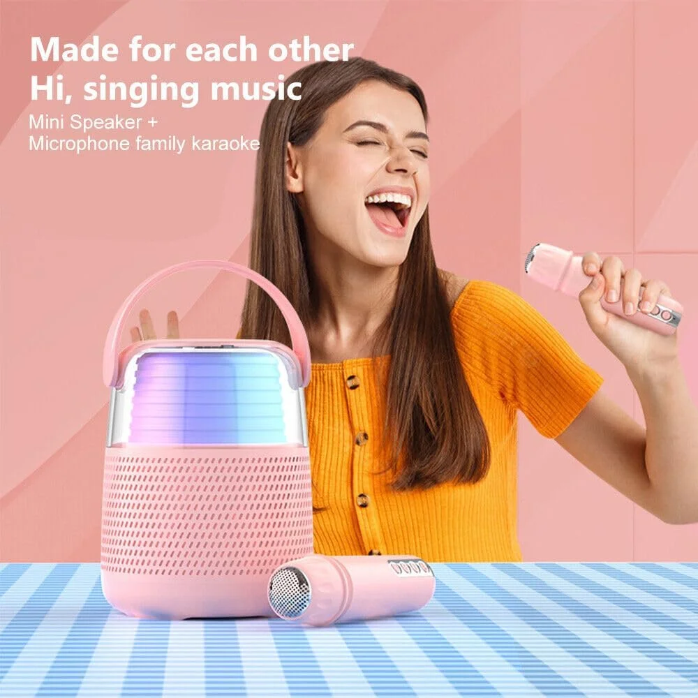 دستگاه کارائوکه قابل حمل برای بزرگسالان و کودکان، بلندگوی بلوتوث قدرتمند 16 واتی با میکروفون بی سیم، 11 نور رنگارنگ RGB و جلوه های تغییر صدا، مناسب برای مهمانی، کمپینگ و هدیه (صورتی)