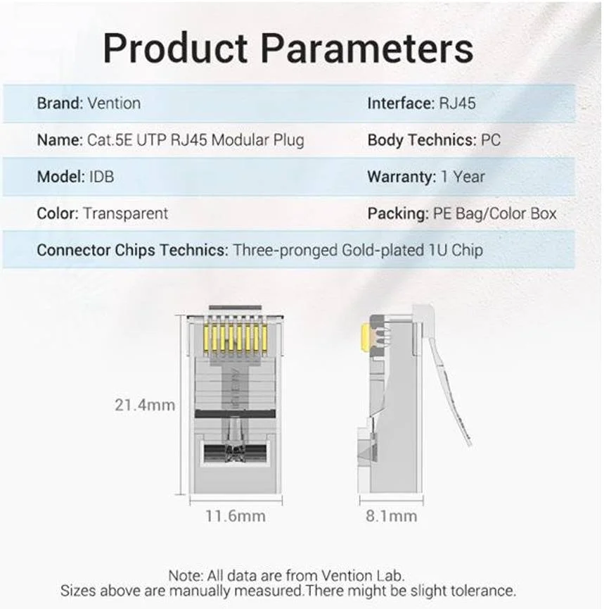کانکتور ماژولار RJ45 Cat.5E UTP ونشن، شاخک طلایی 3 پر، تراشه 1U، بسته 100 عددی، شفاف | IDBR0-100