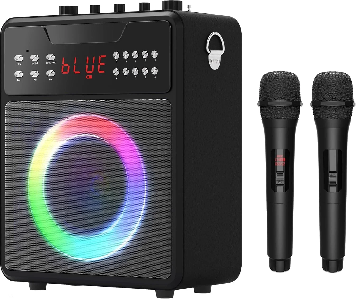 دستگاه کارائوکه قابل حمل برای بزرگسالان و کودکان به همراه 2 میکروفون بی سیم، سیستم PA با پشتیبانی از TWS، USB، FM، REC، ورودی AUX، کارت TF، کنترل از راه دور برای مهمانی ها
