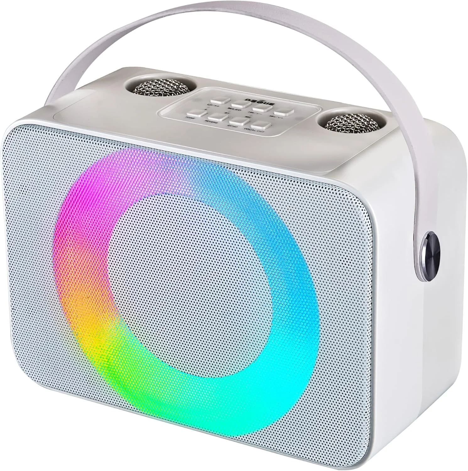 اسپیکر کارائوکه قابل حمل RGB با دو میکروفون بی سیم، سازگار با کارت USB/TF، صدای HD 10 واتی، دسته حمل قابل حمل، باتری بزرگ برای دورهمی های خانوادگی/کارائوکه/فعالیت های خارج از منزل (سفید)