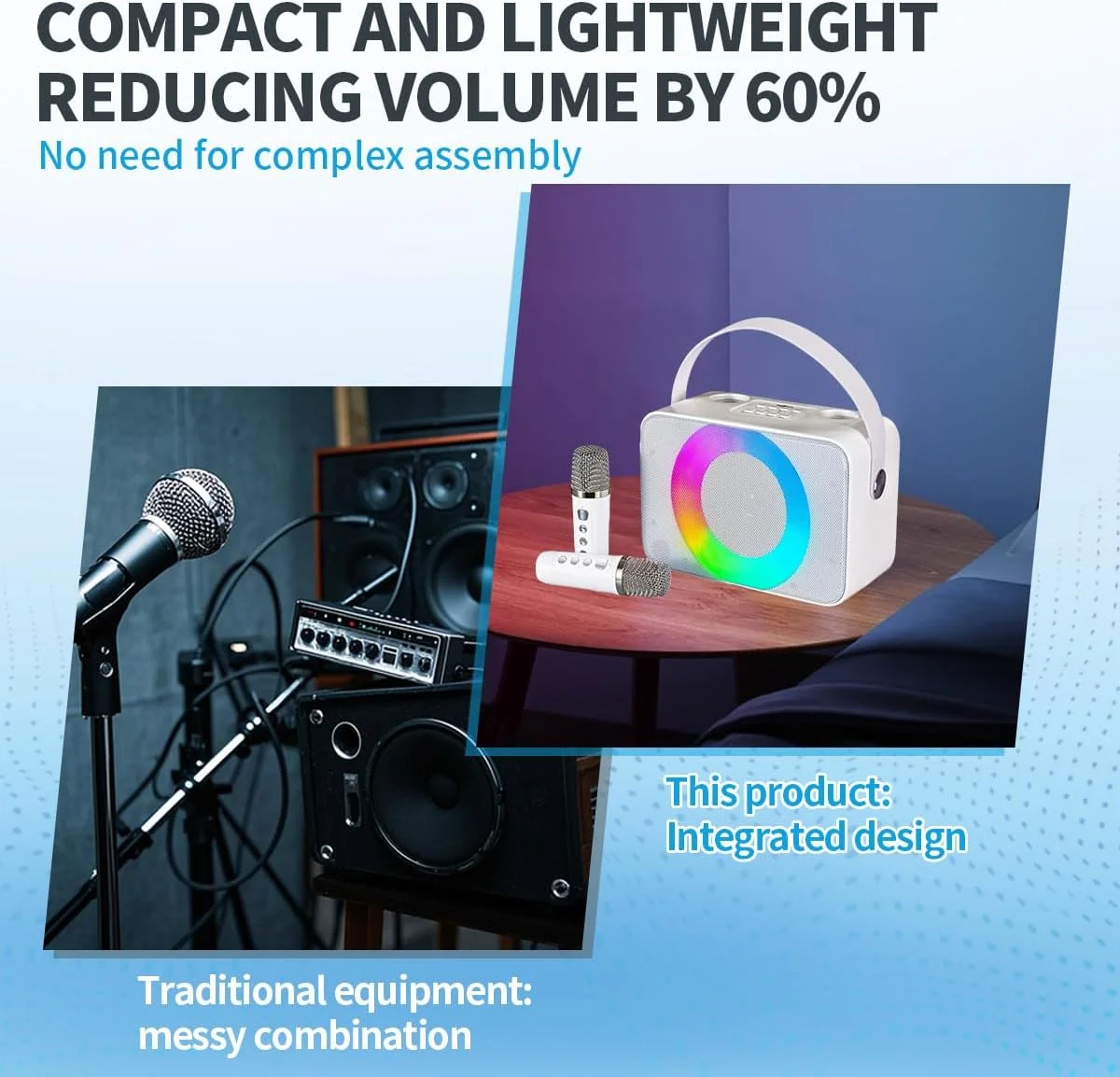 اسپیکر کارائوکه قابل حمل RGB با دو میکروفون بی سیم، سازگار با کارت USB/TF، صدای HD 10 واتی، دسته حمل قابل حمل، باتری بزرگ برای دورهمی های خانوادگی/کارائوکه/فعالیت های خارج از منزل (سفید)