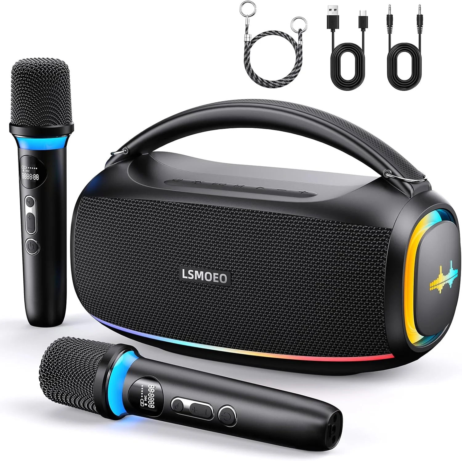 سیستم کارائوکه قابل حمل، دستگاه کارائوکه با 2 میکروفون با توان 60 وات، ضدآب IPX5، 2 میکروفون قابل شارژ، بلندگوی صدای کامل برای مهمانی، نور DJ، TF/USB/AUX/TWS، باس/تریبل
