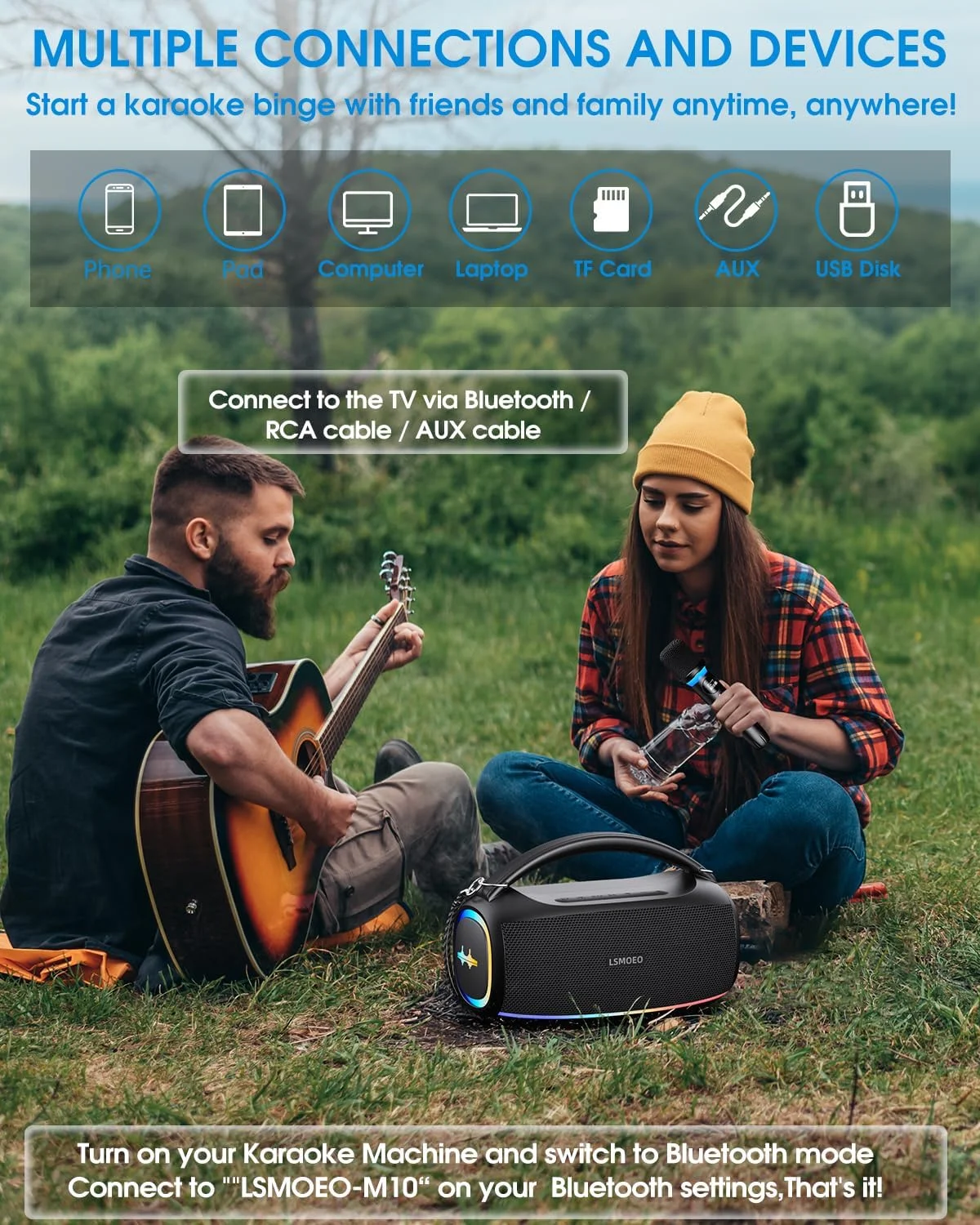 سیستم کارائوکه قابل حمل، دستگاه کارائوکه با 2 میکروفون با توان 60 وات، ضدآب IPX5، 2 میکروفون قابل شارژ، بلندگوی صدای کامل برای مهمانی، نور DJ، TF/USB/AUX/TWS، باس/تریبل