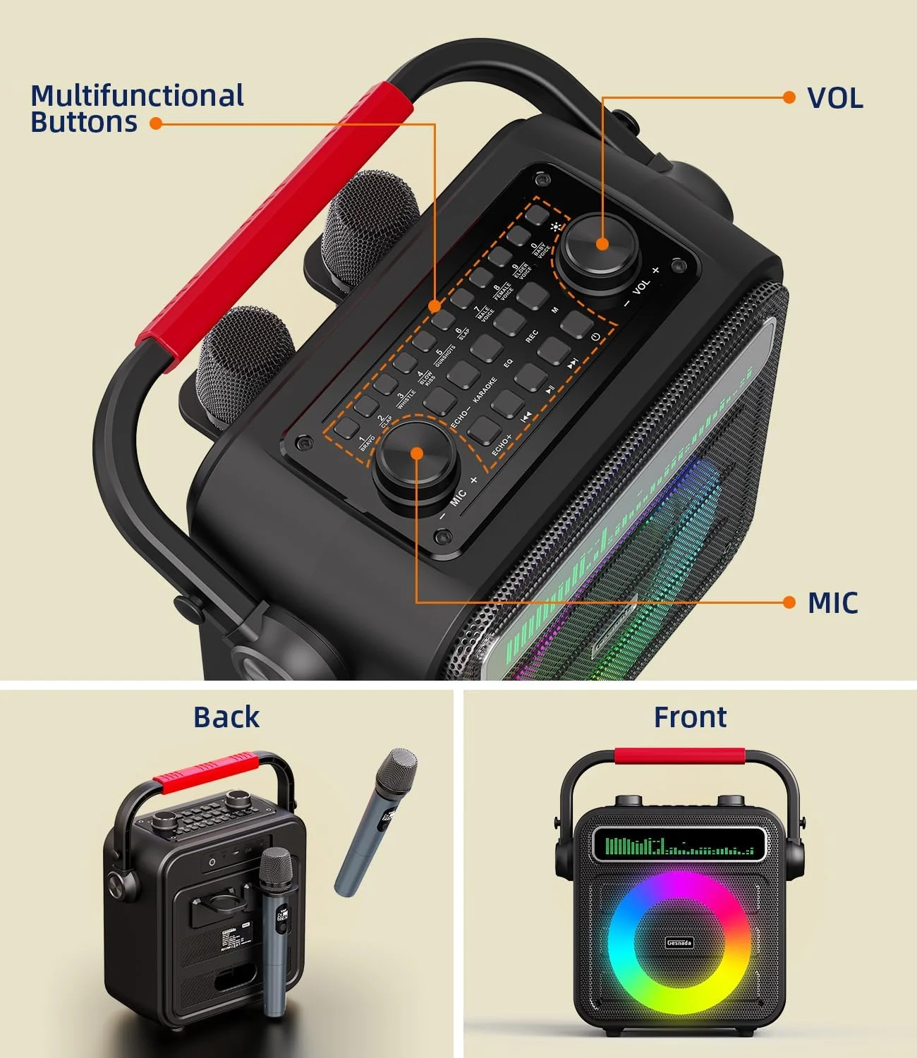 دستگاه کارائوکه قابل حمل با 2 میکروفون بی سیم، بلندگوی PA بلوتوث با چراغ های LED - ایده آل برای خانه، مهمانی ها و سرگرمی های خانوادگی - پشتیبانی از TWS، FM، AUX، USB و کارت TF