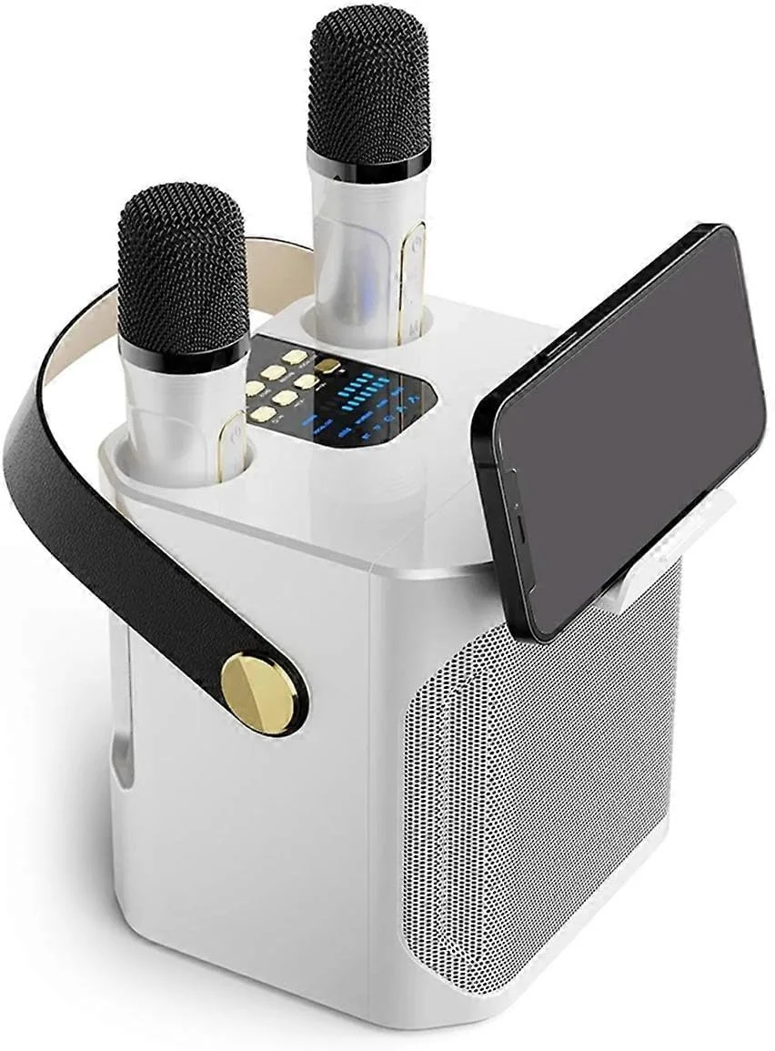 سیستم اسپیکر کارائوکه قابل حمل با دو میکروفون، نمایشگر LED و نگهدارنده تلفن.