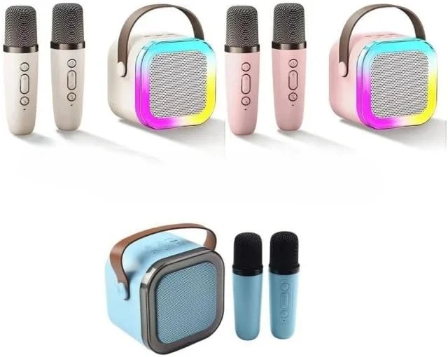 اسپیکر کارائوکه قابل حمل با 2 میکروفون، اسپیکر بلوتوث کوچک با رادیو میکروفون و جلوه تغییر صدا، هدیه برای کودکان، پسران، دختران، بزرگسالان، مهمانی، KTV خانگی، فضای باز، مسافرت