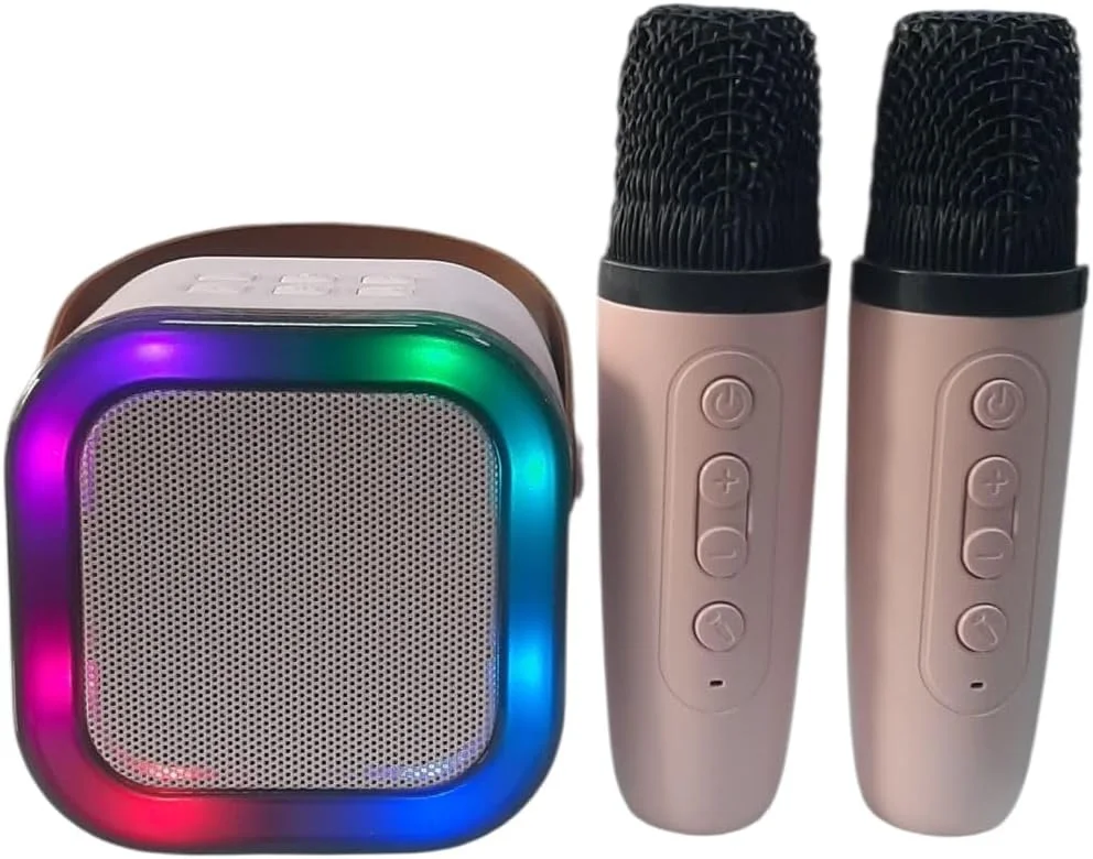 ست کارائوکه قابل حمل با بلندگوی بلوتوث LED و 2 میکروفون بی سیم، رزگلد