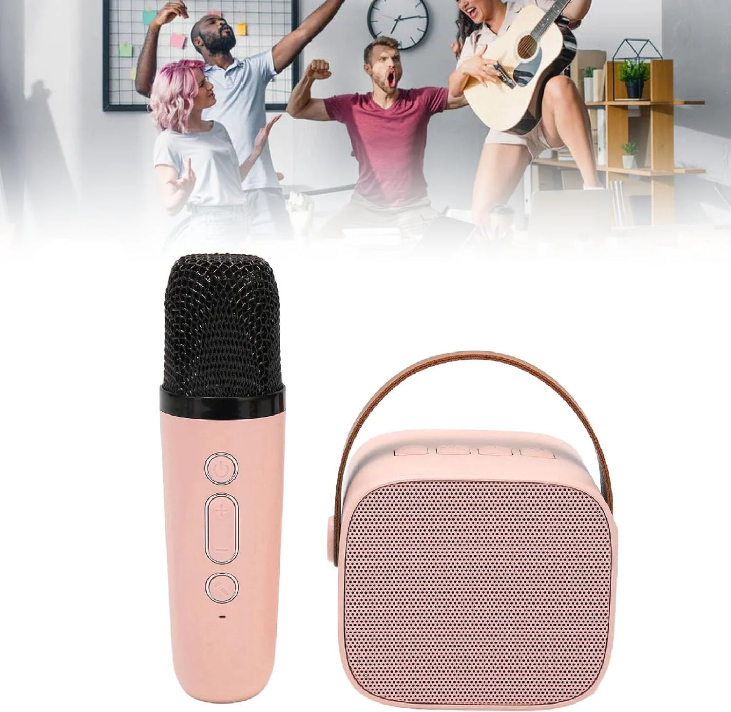 اسپیکر ماشین کارائوکه مینی قابل حمل با میدان صوتی بزرگ و میکروفون بی سیم برای دورهمی های خانوادگی - صورتی