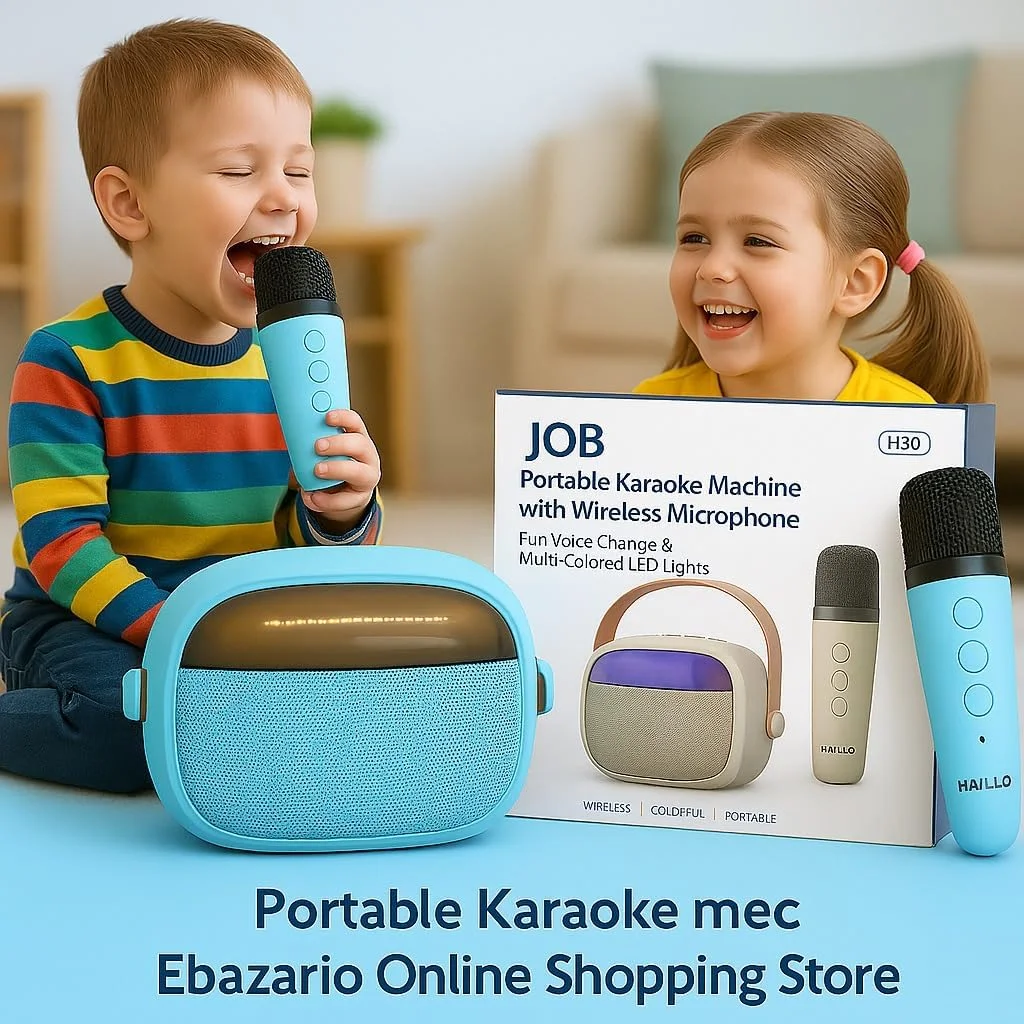 دستگاه کارائوکه قابل حمل با میکروفون بی سیم، چراغ های LED، تغییر دهنده صدا، مدل H30، آبی دستگاه کارائوکه قابل حمل با میکروفون بی سیم، چراغ های LED، تغییر دهنده صدا، مدل H30، آبی