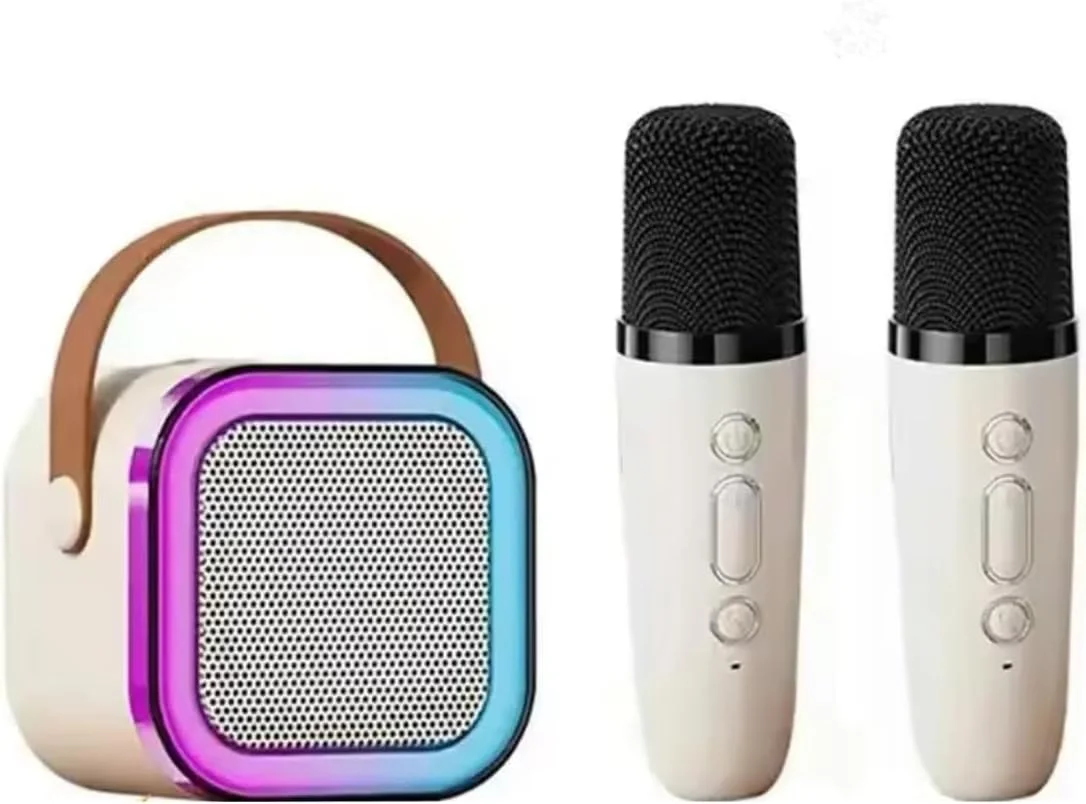 دستگاه کارائوکه قابل حمل با نمایشگر ۱۳.۵ سانتی‌متری، بلندگوی بلوتوث، نورهای RGB، میکروفون بی‌سیم