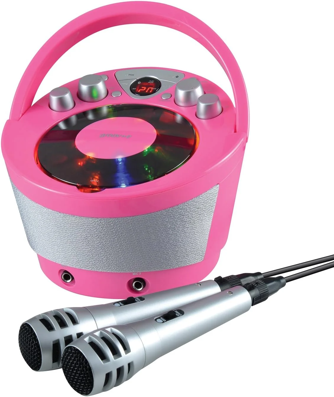 دستگاه کارائوکه قابل حمل Groov-e با پخش کننده CD، پخش بی سیم بلوتوث، نورپردازی جلوه های مهمانی، میکروفون و کنترل صدا - شامل 2 میکروفون - صورتی