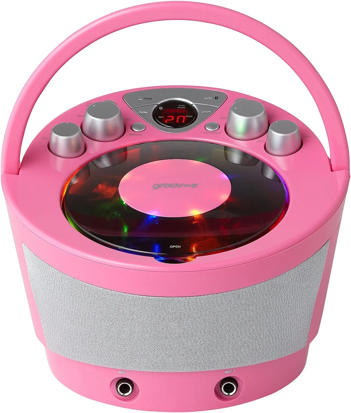 دستگاه کارائوکه قابل حمل Groov-e با پخش کننده CD، پخش بی سیم بلوتوث، نورپردازی جلوه های مهمانی، میکروفون و کنترل صدا - شامل 2 میکروفون - صورتی دستگاه کارائوکه قابل حمل Groov-e با پخش کننده CD، پخش بی سیم بلوتوث، نورپردازی جلوه های مهمانی، میکروفون و کنترل صدا - شامل 2 میکروفون - صورتی