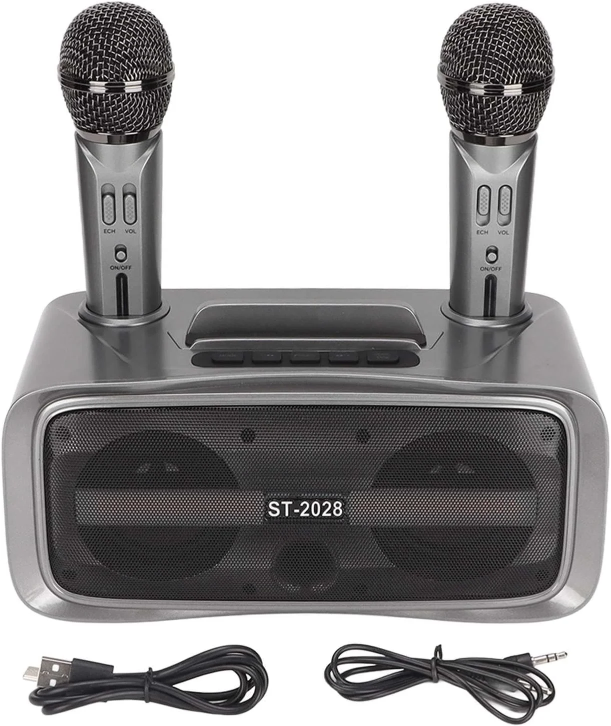 سیستم اسپیکر کارائوکه قابل حمل با بلوتوث و 2 میکروفون بی سیم، صدای قدرتمند برای مهمانی خانگی، عروسی، سخنرانی، نقره ای مشکی ST2028