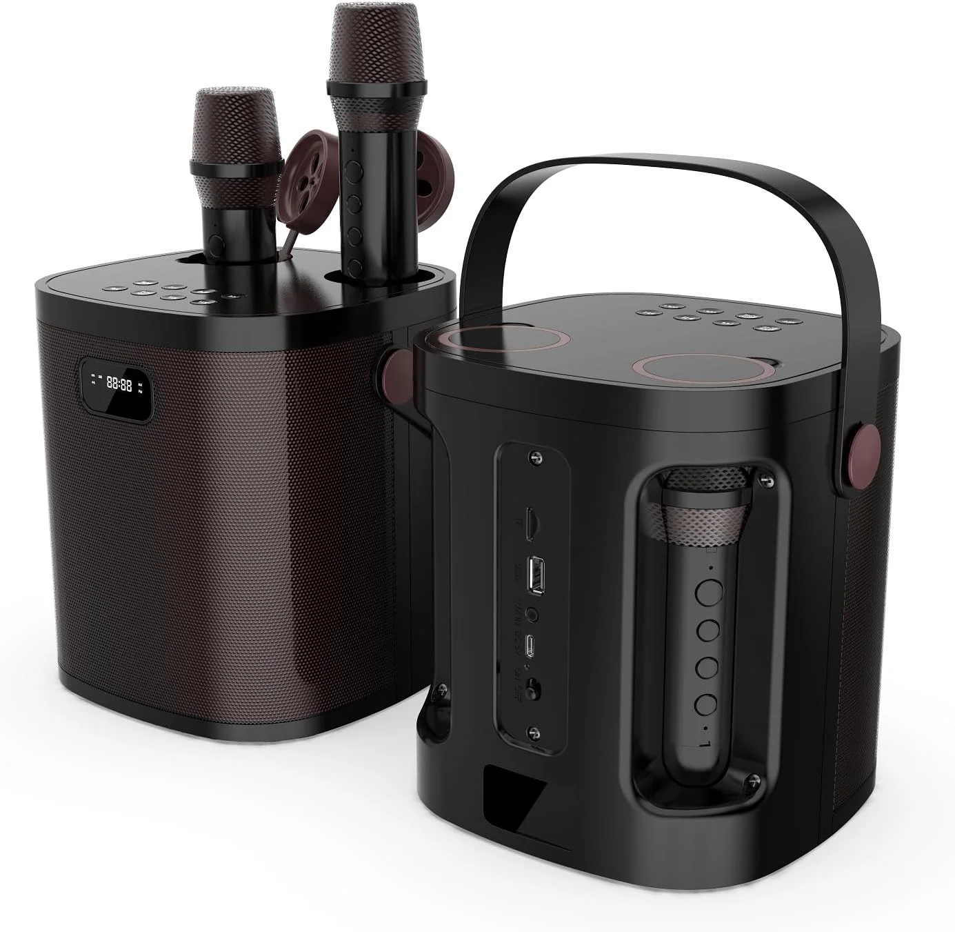 دستگاه کارائوکه، اسپیکر بلوتوث قابل حمل با 2 میکروفون بی سیم مخفی، میکروفون کارائوکه با طراحی ساده و سیستم PA با پشتیبانی از USB/TF/AUX برای مهمانی ها، جلسات و استفاده در فضای باز و داخل خانه