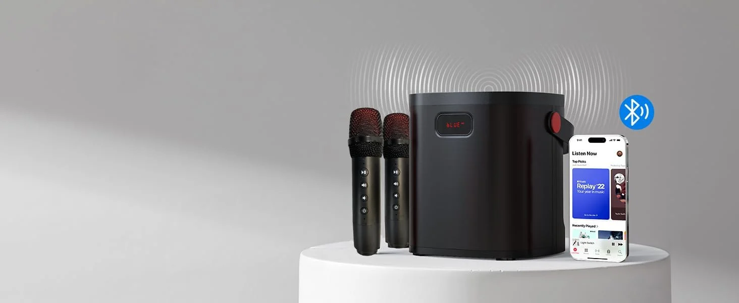 دستگاه کارائوکه، اسپیکر بلوتوث قابل حمل با 2 میکروفون بی سیم مخفی، میکروفون کارائوکه با طراحی ساده و سیستم PA با پشتیبانی از USB/TF/AUX برای مهمانی ها، جلسات و استفاده در فضای باز و داخل خانه دستگاه کارائوکه، اسپیکر بلوتوث قابل حمل با 2 میکروفون بی سیم مخفی، میکروفون کارائوکه با طراحی ساده و سیستم PA با پشتیبانی از USB/TF/AUX برای مهمانی ها، جلسات و استفاده در فضای باز و داخل خانه