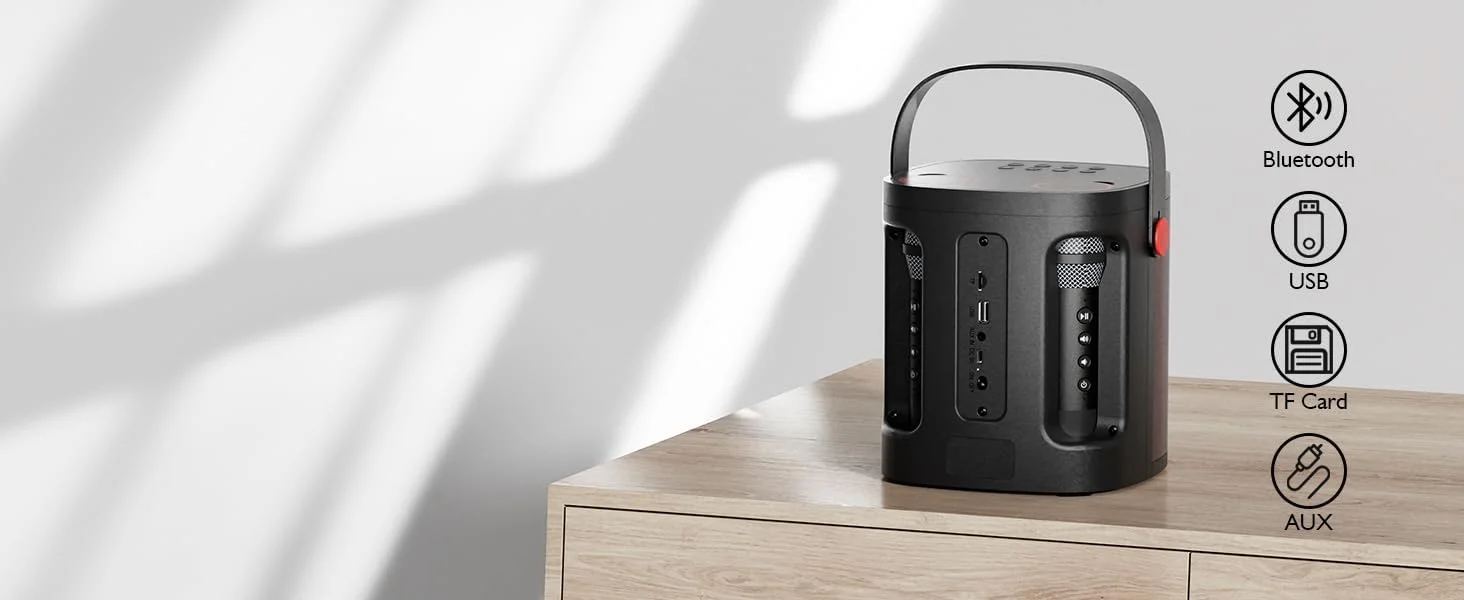 دستگاه کارائوکه، اسپیکر بلوتوث قابل حمل با 2 میکروفون بی سیم مخفی، میکروفون کارائوکه با طراحی ساده و سیستم PA با پشتیبانی از USB/TF/AUX برای مهمانی ها، جلسات و استفاده در فضای باز و داخل خانه دستگاه کارائوکه، اسپیکر بلوتوث قابل حمل با 2 میکروفون بی سیم مخفی، میکروفون کارائوکه با طراحی ساده و سیستم PA با پشتیبانی از USB/TF/AUX برای مهمانی ها، جلسات و استفاده در فضای باز و داخل خانه